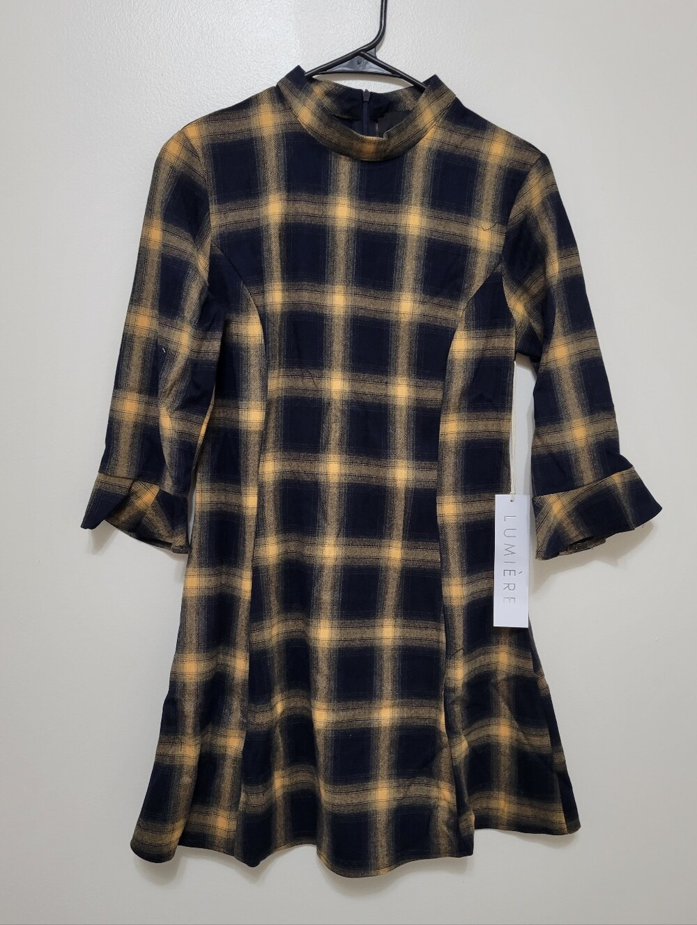 Nwt Lumiere Navy And Gold Plaid Flannel Dress